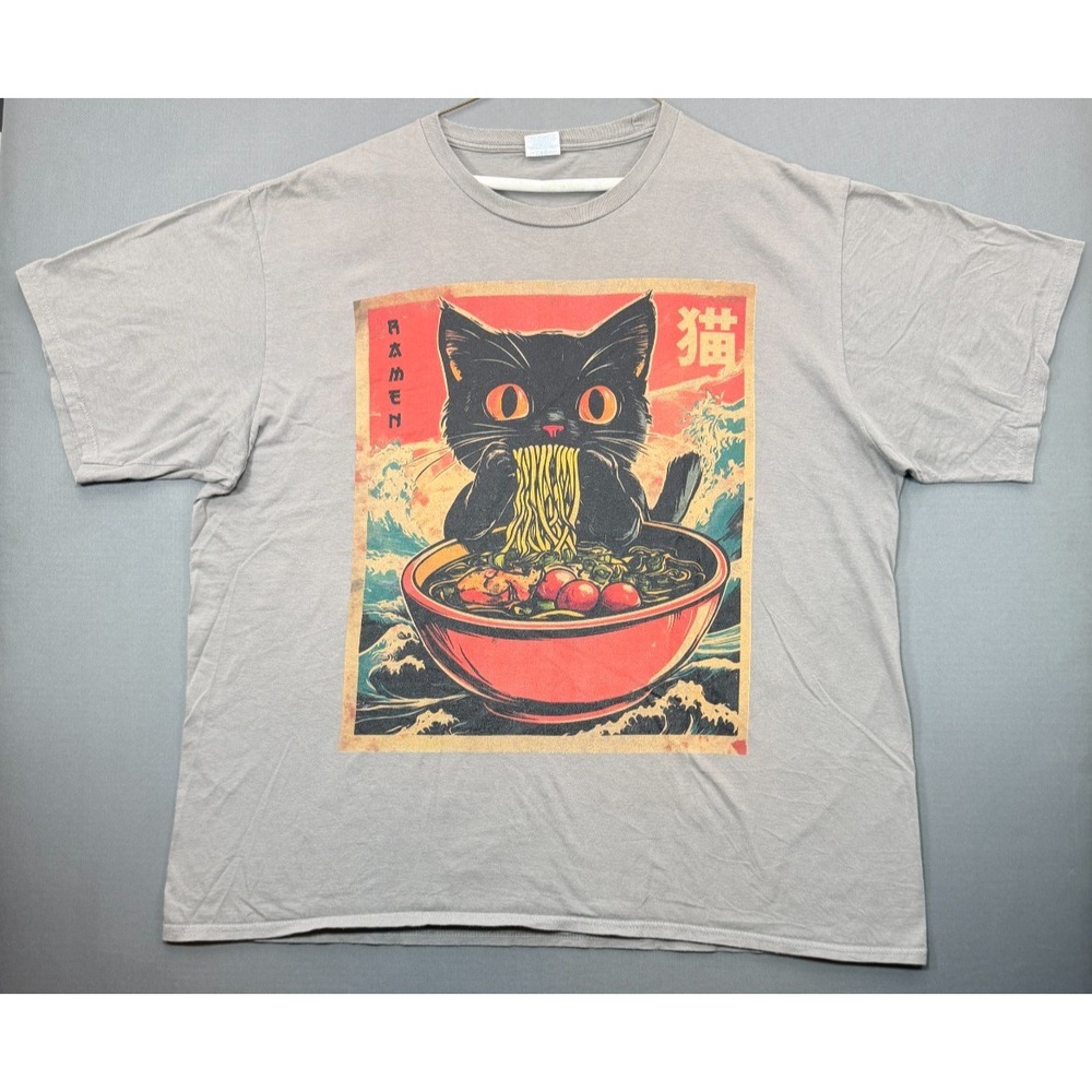 Port & Company Black Cat Ramen Graphic T Shirt Grey Anime Japanese Wave Mens 2XL